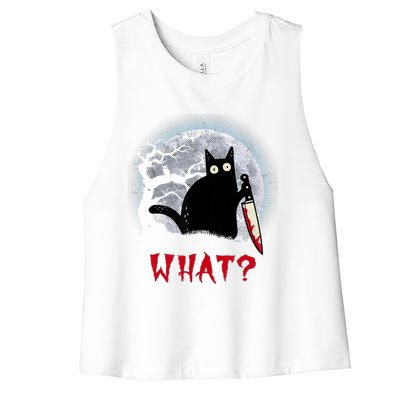 Cat What?Funny Black Cat With Knife Murderous Halloween Gift Women's Racerback Cropped Tank