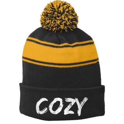 Cozy Word Stripe Pom Pom Beanie