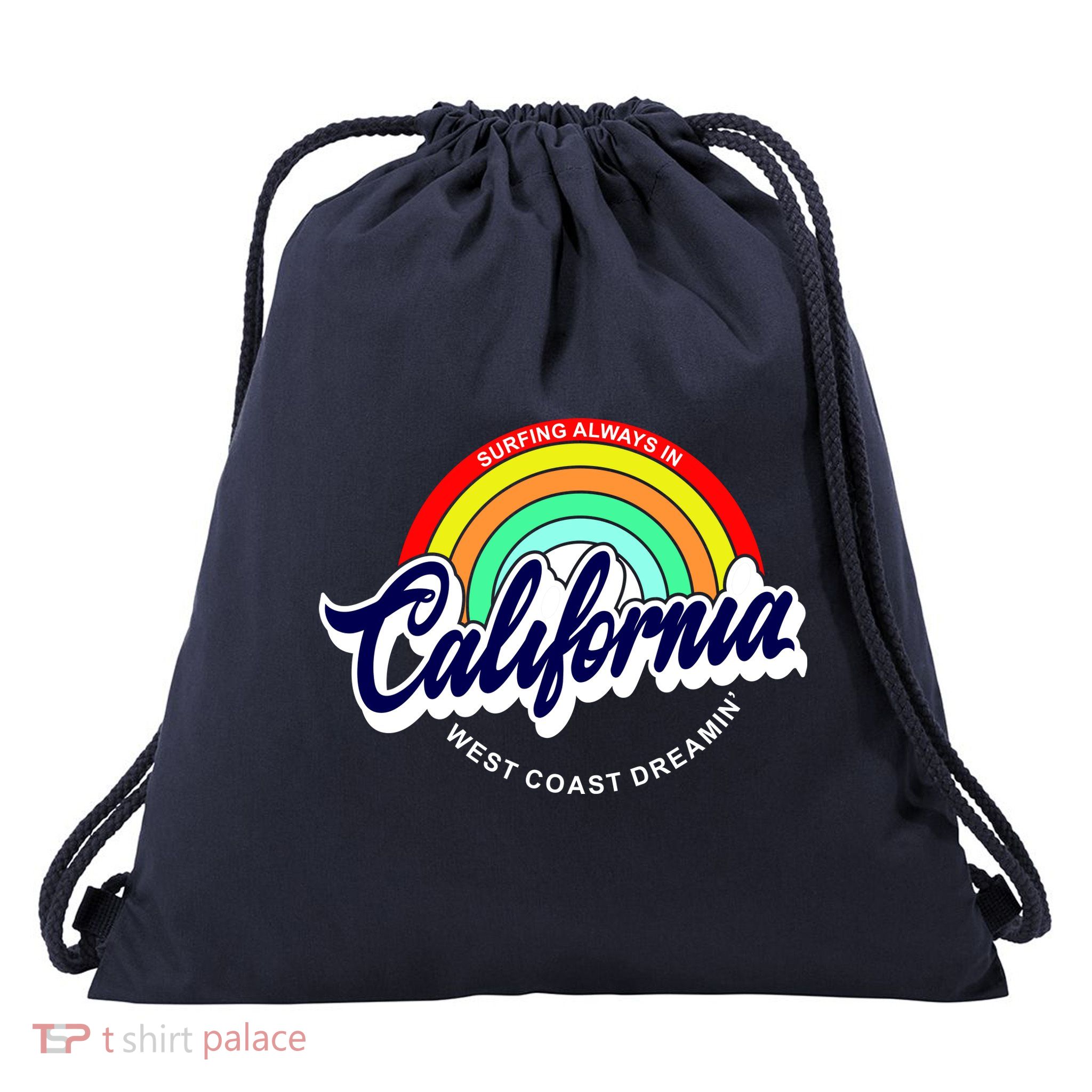 California West Coast Dreamin Retro Rainbow Drawstring Bag