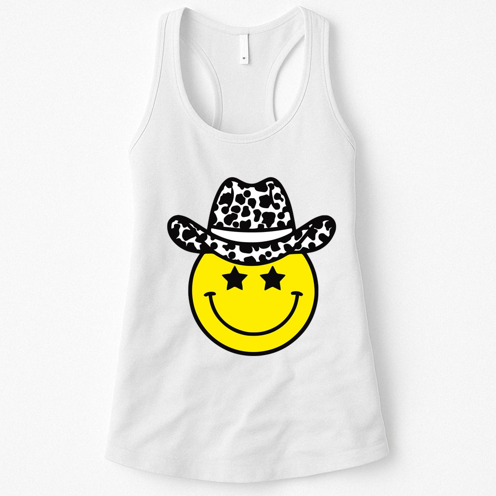 Cute Western Country Cowgirl Hat Star Yellow Smile Face Girl Womens Tank Top