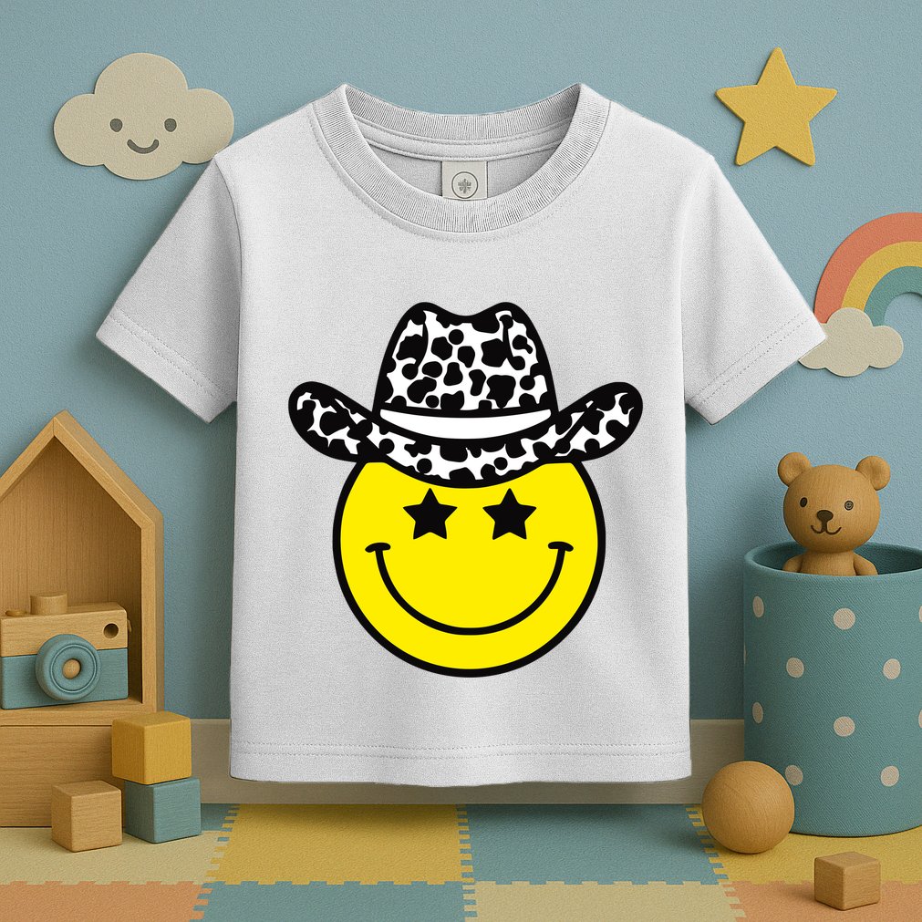 Cute Western Country Cowgirl Hat Star Yellow Smile Face Girl Toddler T-Shirt