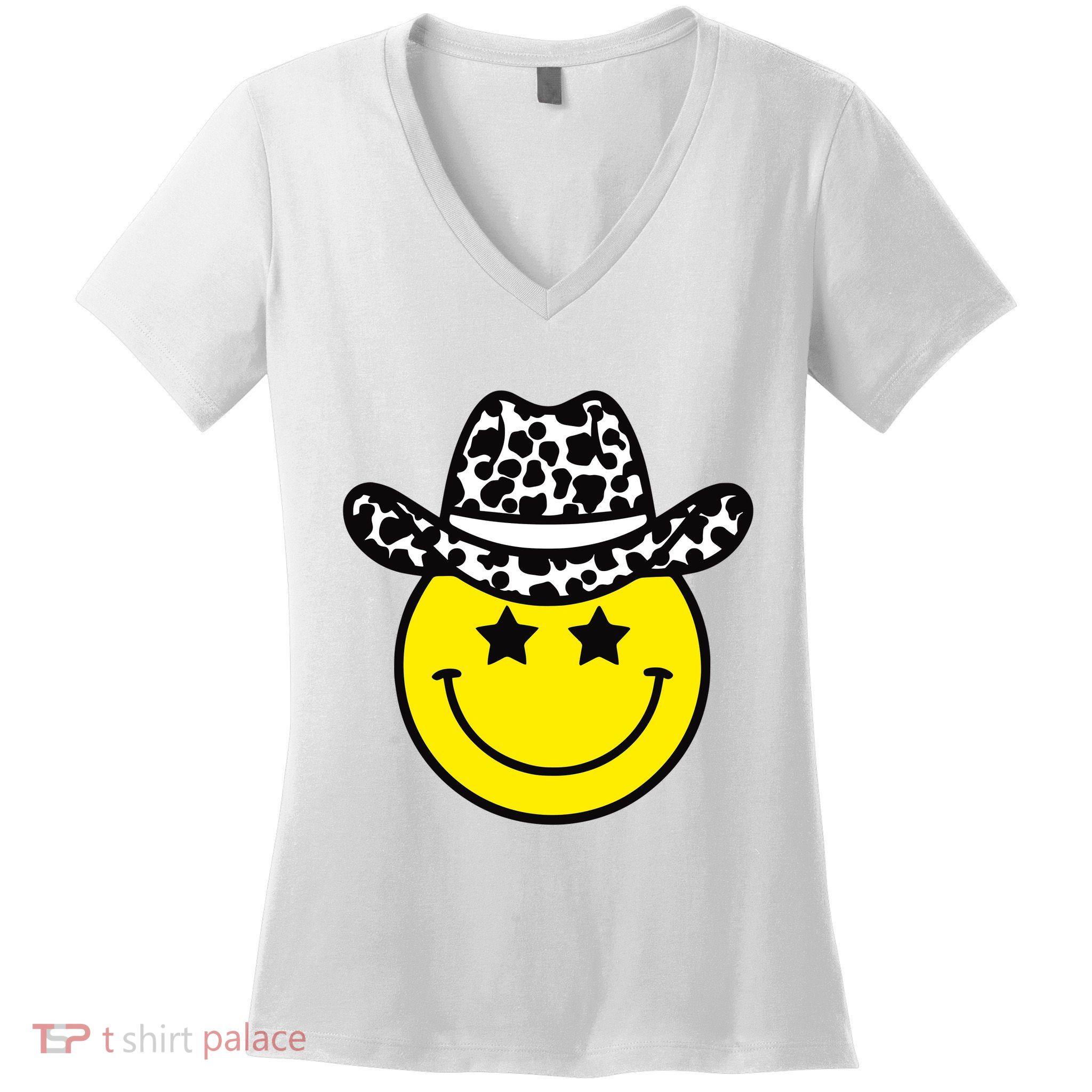 Cute Western Country Cowgirl Hat Star Yellow Smile Face Girl Women's V-Neck T-Shirt