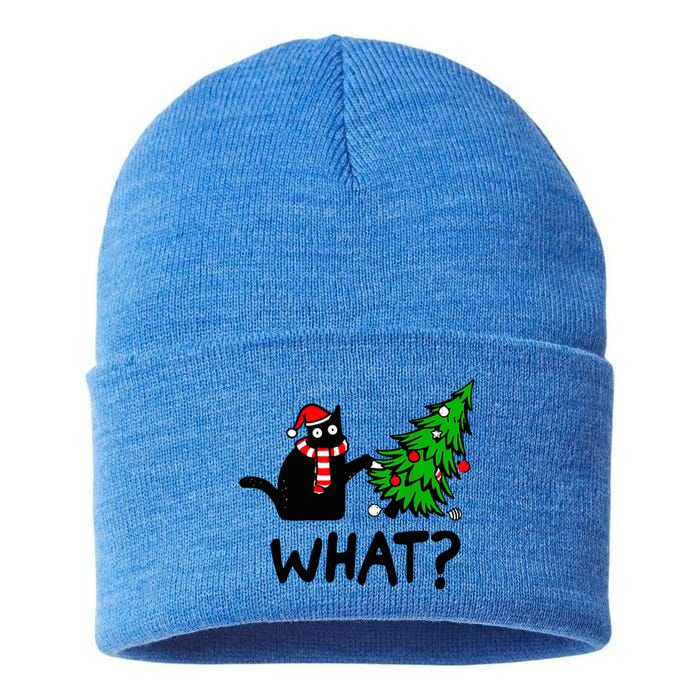 Cat What Christmas Murderous Black Cat Pushing Tree Xmas Gift Sustainable Knit Beanie