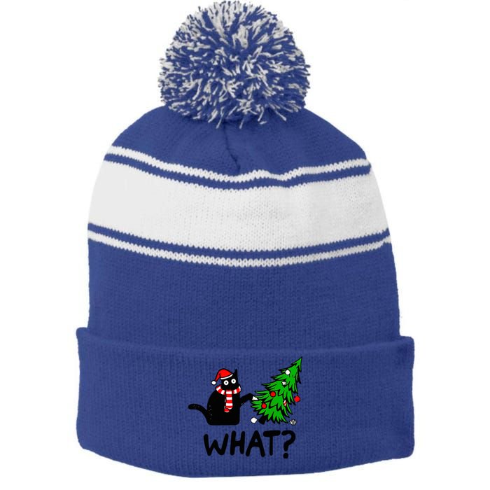 Cat What Christmas Murderous Black Cat Pushing Tree Xmas Gift Stripe Pom Pom Beanie