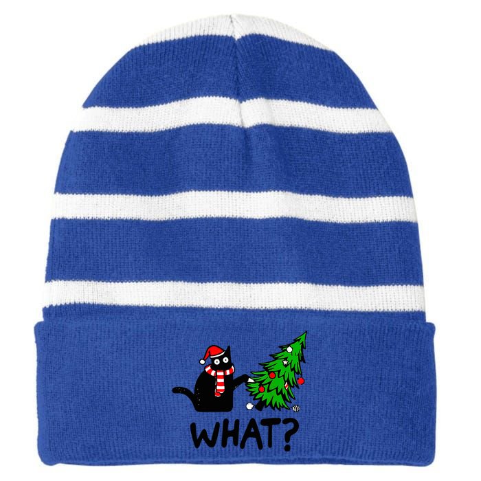 Cat What Christmas Murderous Black Cat Pushing Tree Xmas Gift Striped Beanie with Solid Band