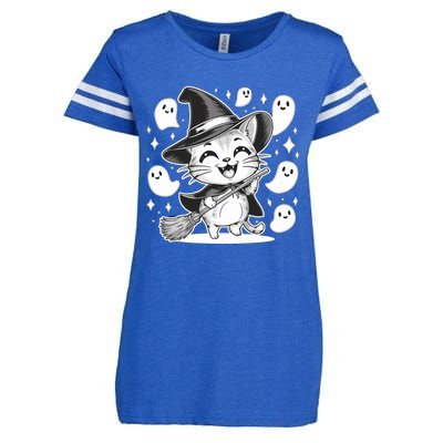 Cute Witch Cat Surrounded By Happy Ghosts Halloween Kitten Gift Enza Ladies Jersey Football T-Shirt