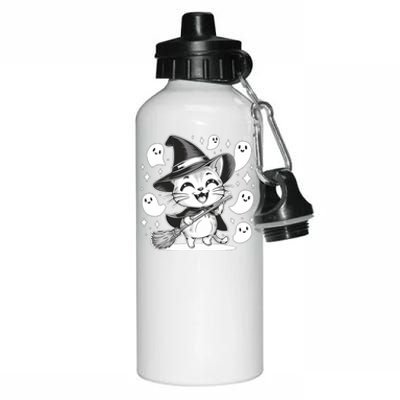 Cute Witch Cat Surrounded By Happy Ghosts Halloween Kitten Gift Aluminum Water Bottle 