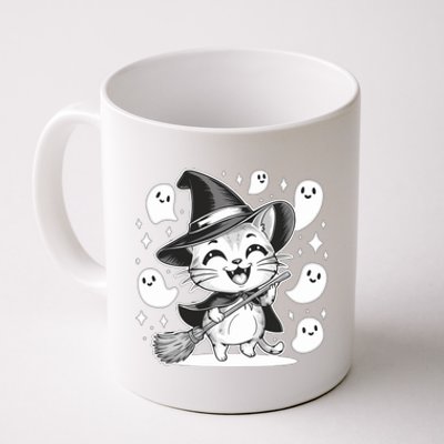 Cute Witch Cat Surrounded By Happy Ghosts Halloween Kitten Gift Coffee Mug