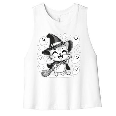 Cute Witch Cat Surrounded By Happy Ghosts Halloween Kitten Gift Women's Racerback Cropped Tank