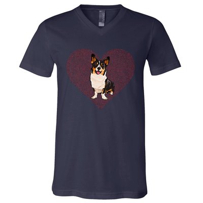 Cardigan Welsh Corgi Valentines Day Dog Love Fingerprint V-Neck T-Shirt