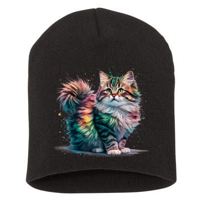 Cat Woman Colorful Watercolor Cat Short Acrylic Beanie