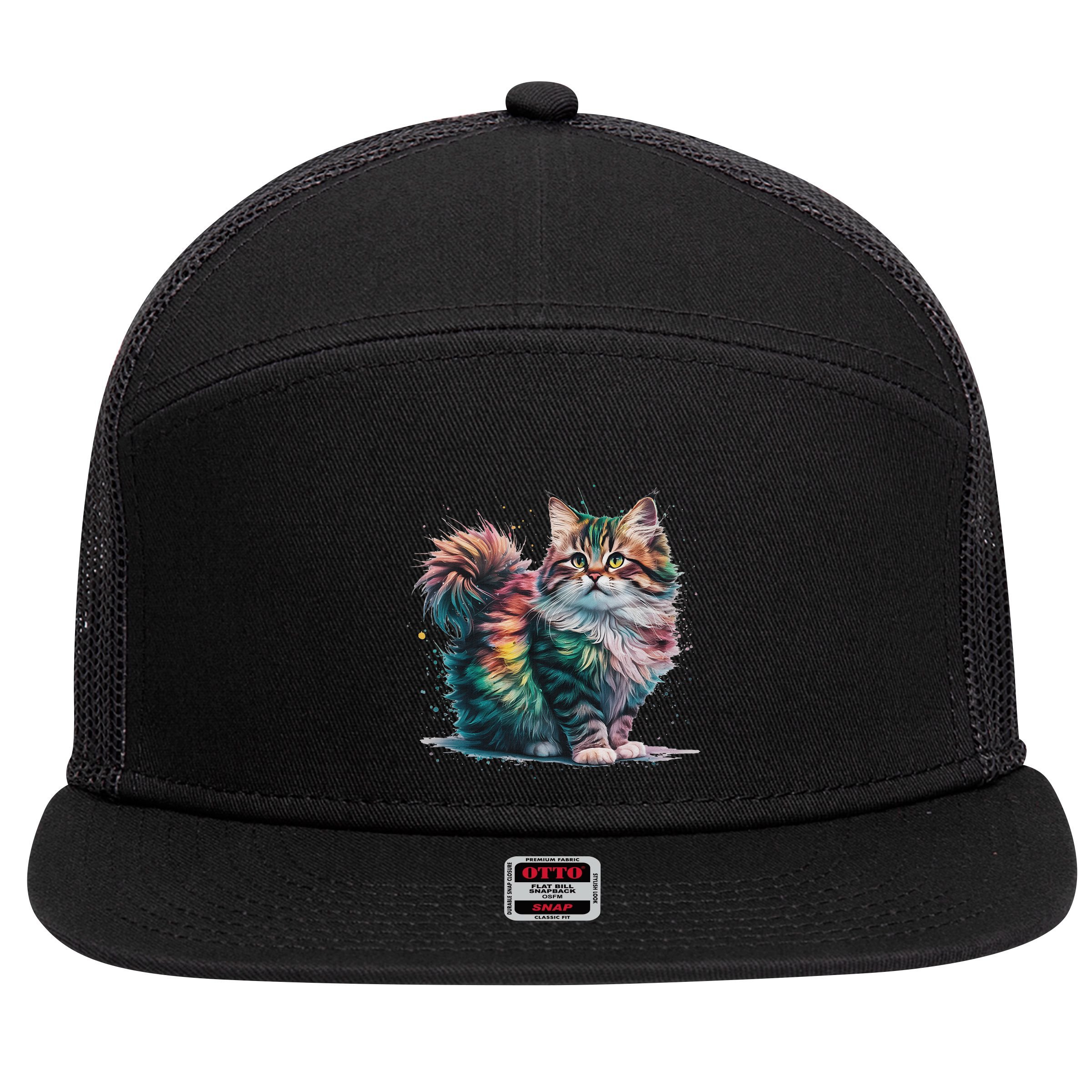 Cat Women Colourful Watercolour Cat 7 Panel Mesh Trucker Snapback Hat