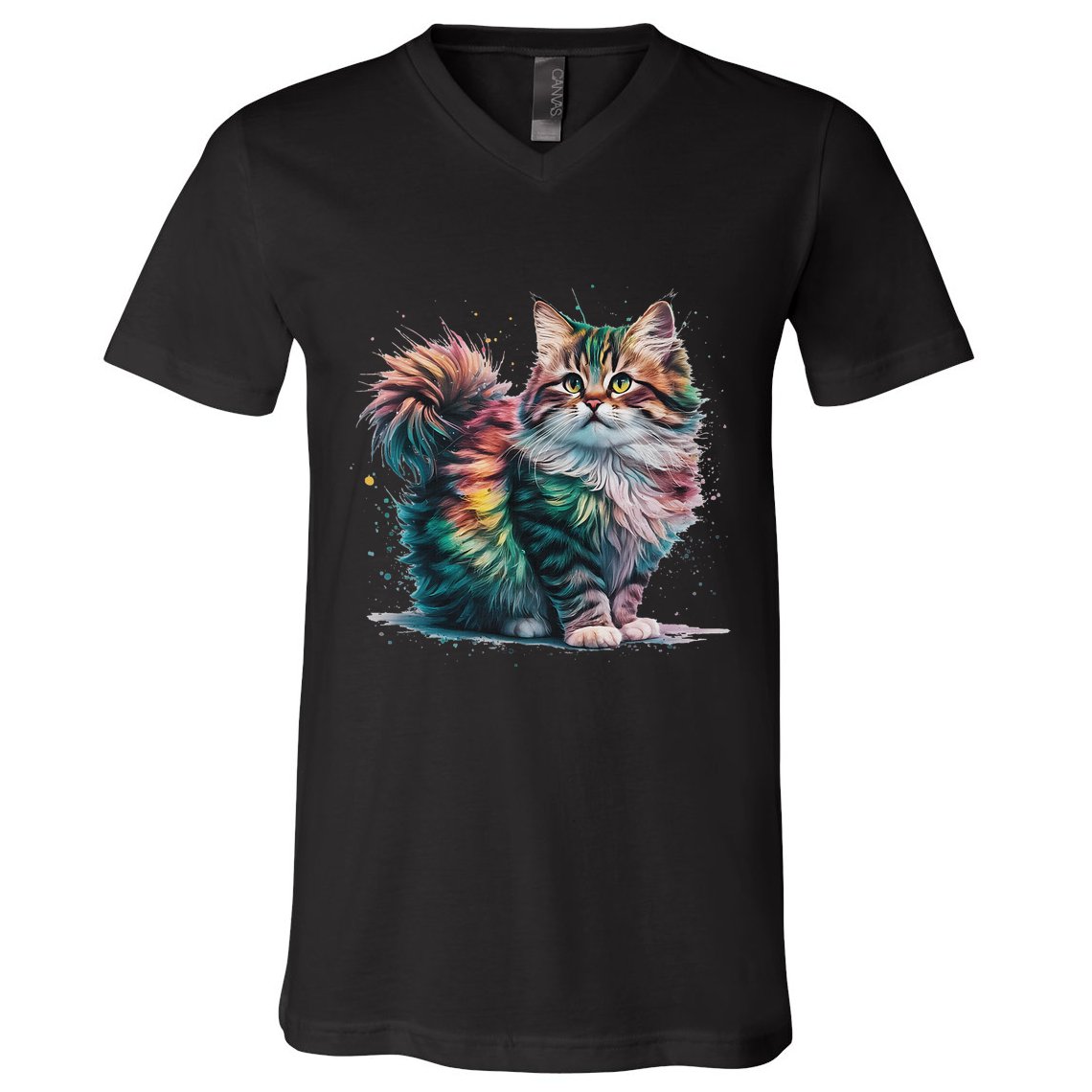 Cat Women Colourful Watercolour Cat V-Neck T-Shirt