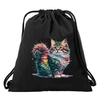 Cat Women Colourful Watercolour Cat Drawstring Bag