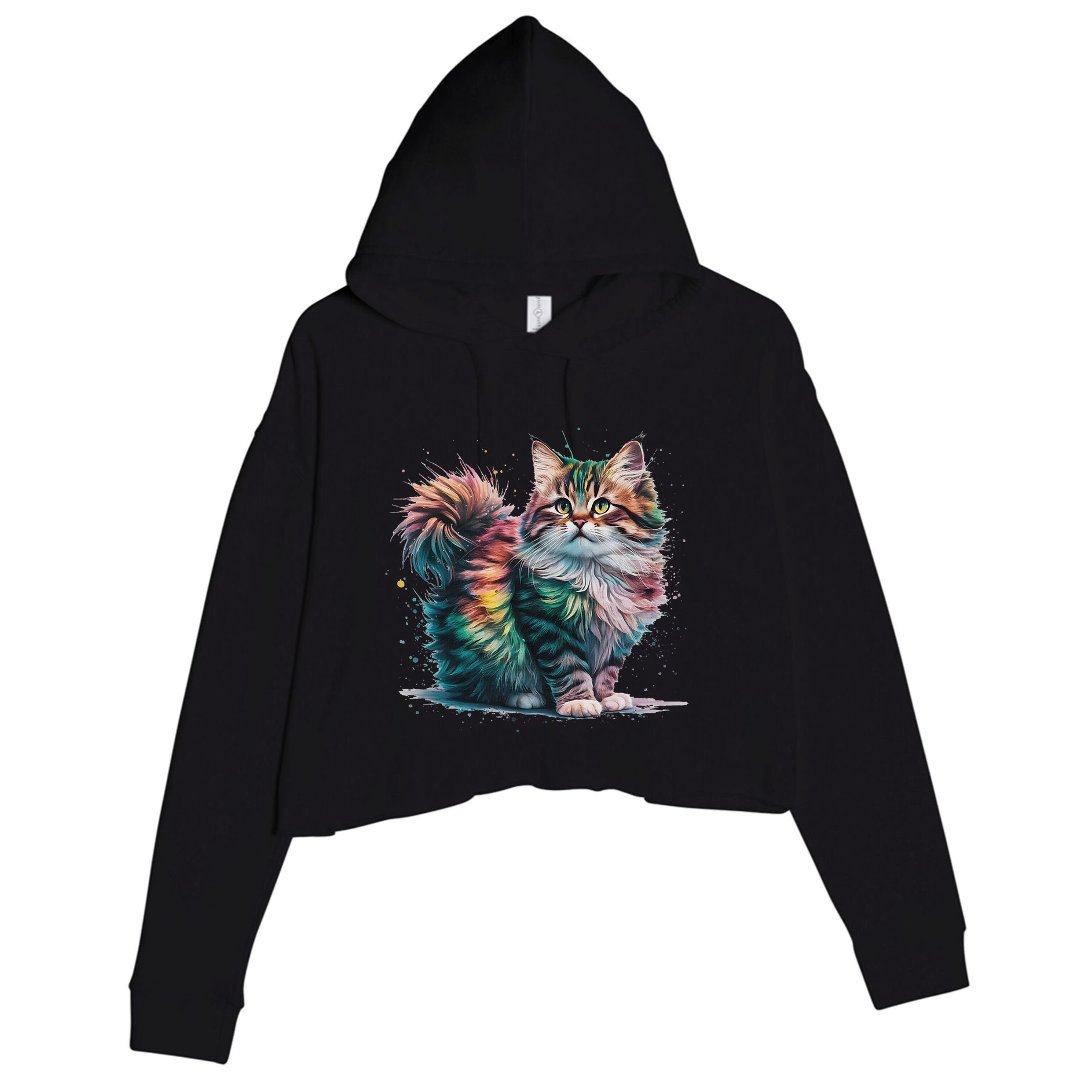 Cat Women Colourful Watercolour Cat Crop Fleece Hoodie