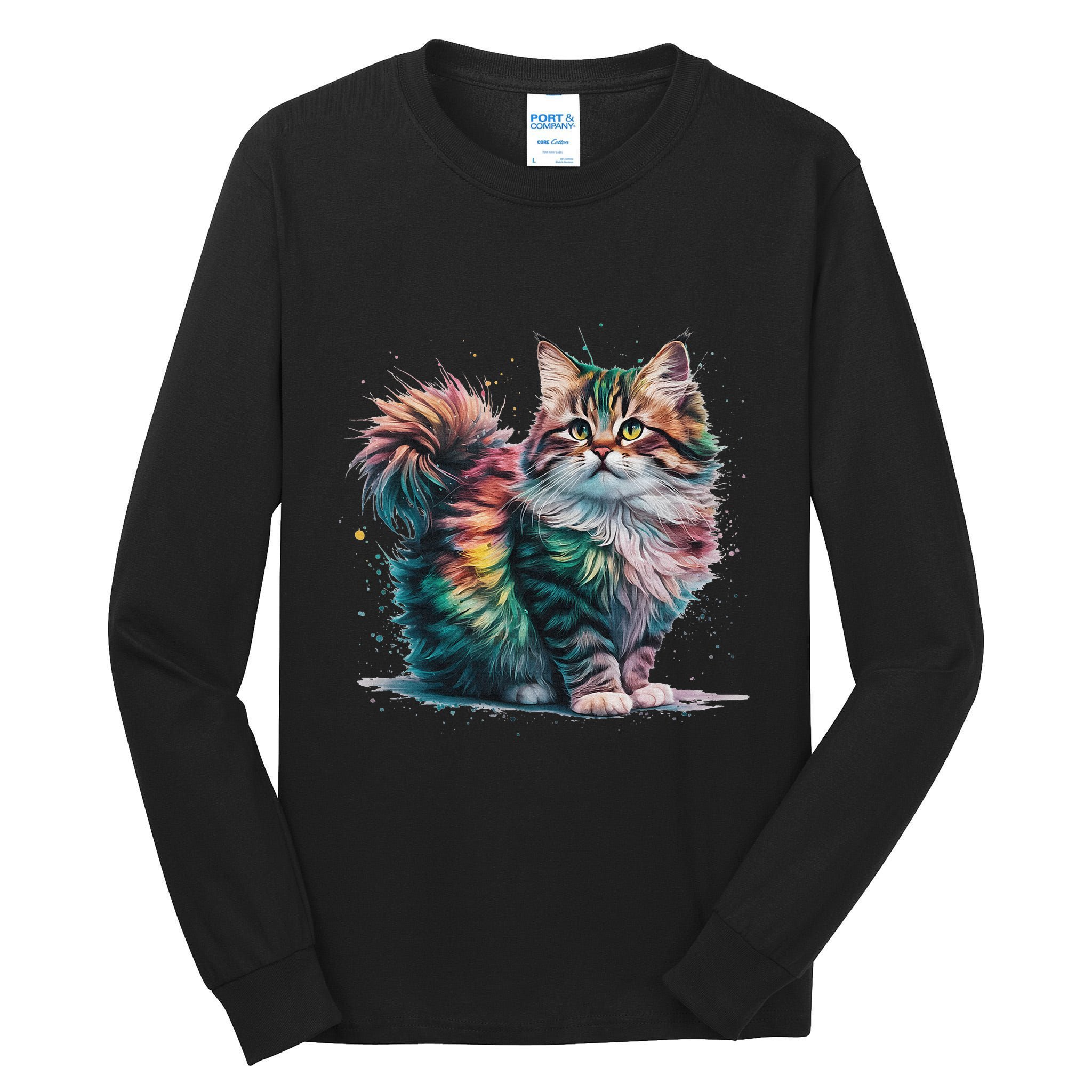 Cat Women Colourful Watercolour Cat Tall Long Sleeve T-Shirt