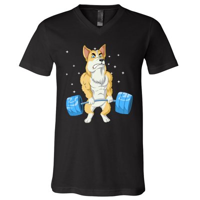 Corgi Weightlifting V-Neck T-Shirt