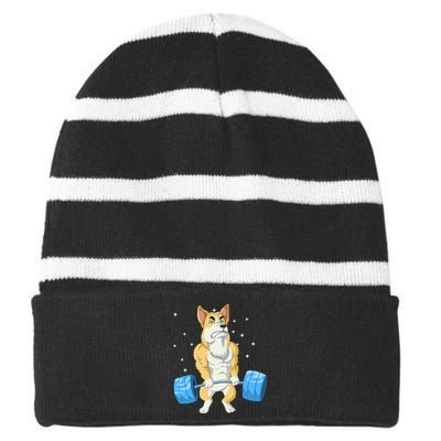 Corgi Weightlifting Striped Beanie with Solid Band