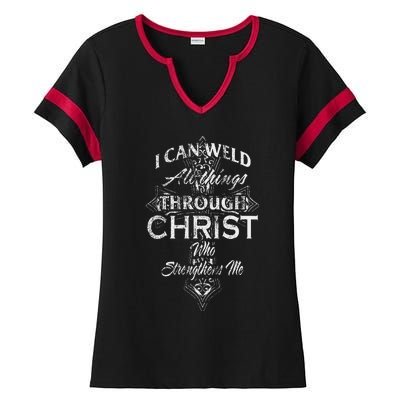 Christian Welder Cross I Can Weld Through Christ Ladies Halftime Notch Neck Tee