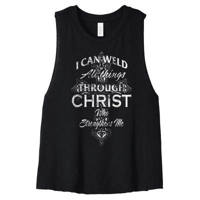 Christian Welder Cross I Can Weld Through Christ Women's Racerback Cropped Tank