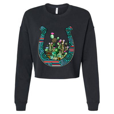 Country Western Cactus Sunflower Horseshoe Gift Cropped Pullover Crew