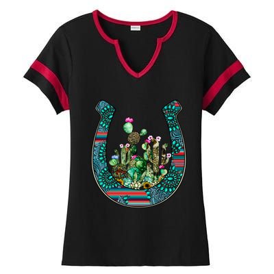 Country Western Cactus Sunflower Horseshoe Gift Ladies Halftime Notch Neck Tee