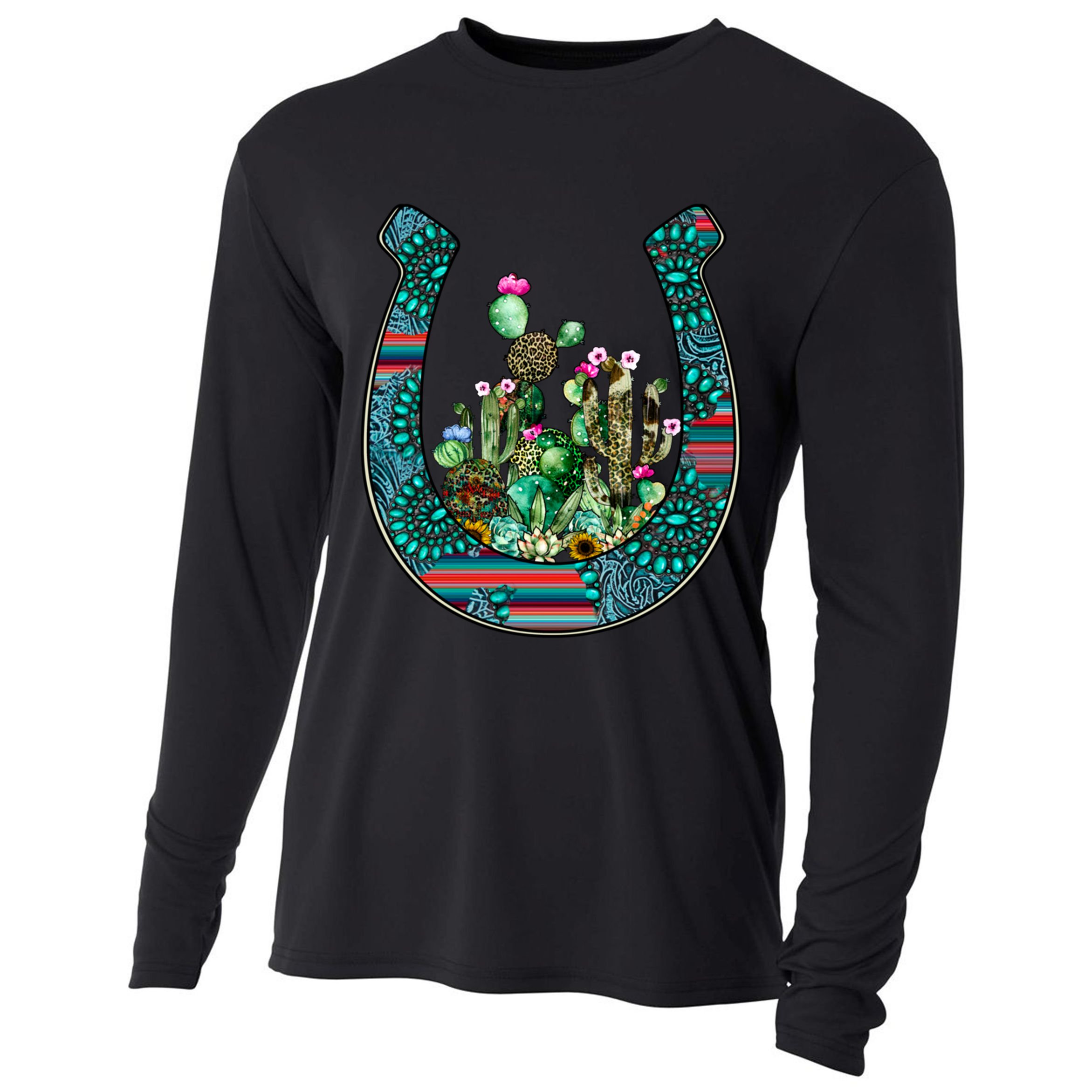 Country Western Cactus Sunflower Horseshoe Gift Cooling Performance Long Sleeve Crew