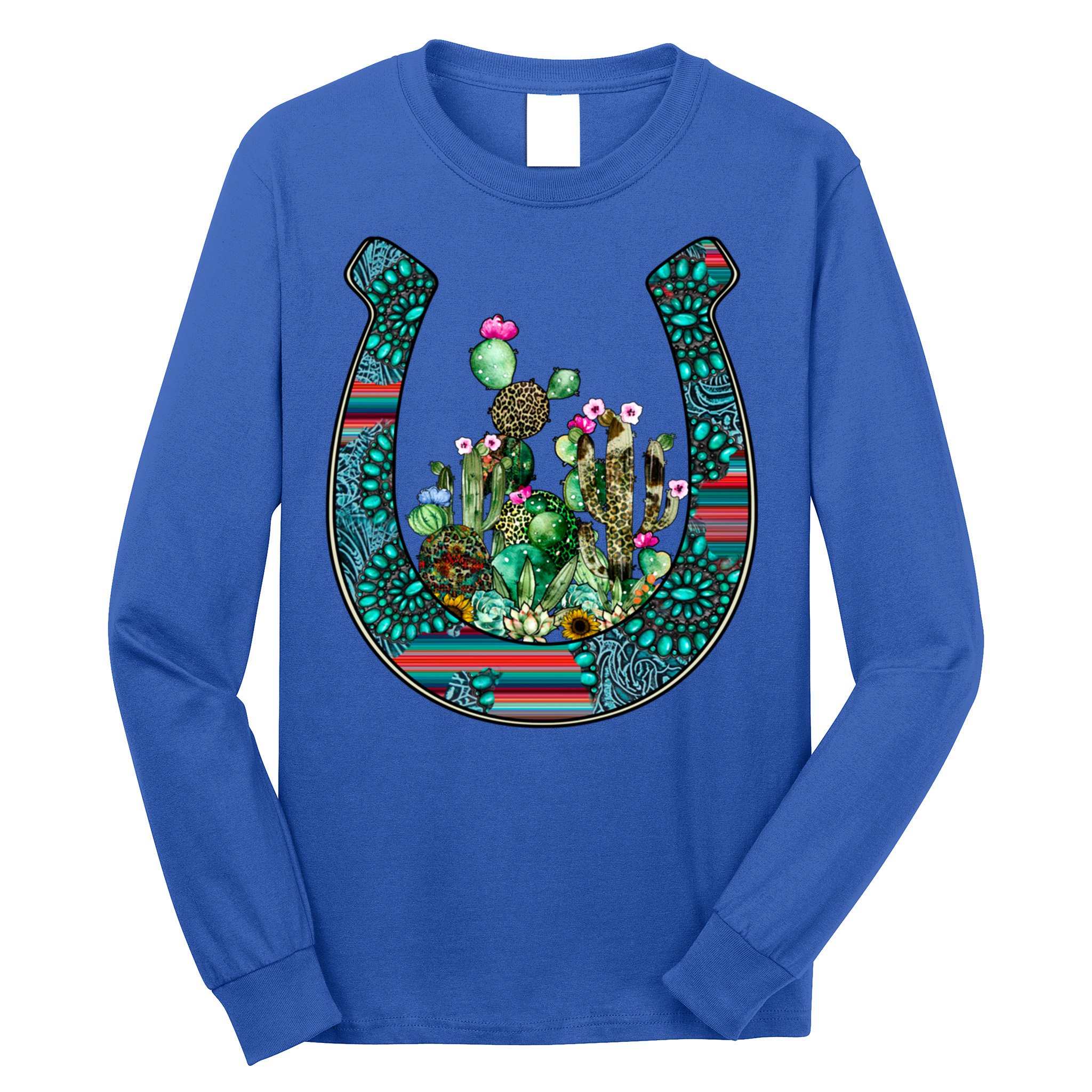 Country Western Cactus Sunflower Horseshoe Gift Long Sleeve Shirt