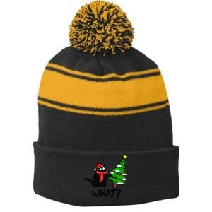 Cat What Christmas Tree Xmas Light Santa Hat Funny Black Cat Stripe Pom Pom Beanie