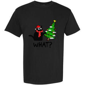 Cat What Christmas Tree Xmas Light Santa Hat Funny Black Cat Garment-Dyed Heavyweight T-Shirt