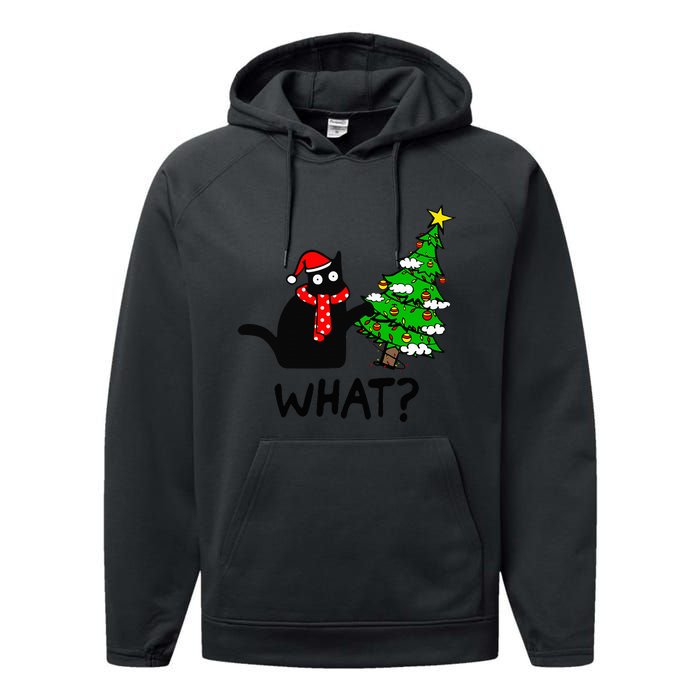 Cat What Christmas Tree Xmas Light Santa Hat Funny Black Cat Performance Fleece Hoodie