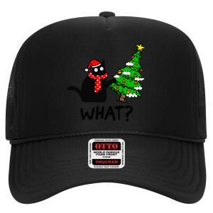 Cat What Christmas Tree Xmas Light Santa Hat Funny Black Cat High Crown Mesh Back Trucker Hat