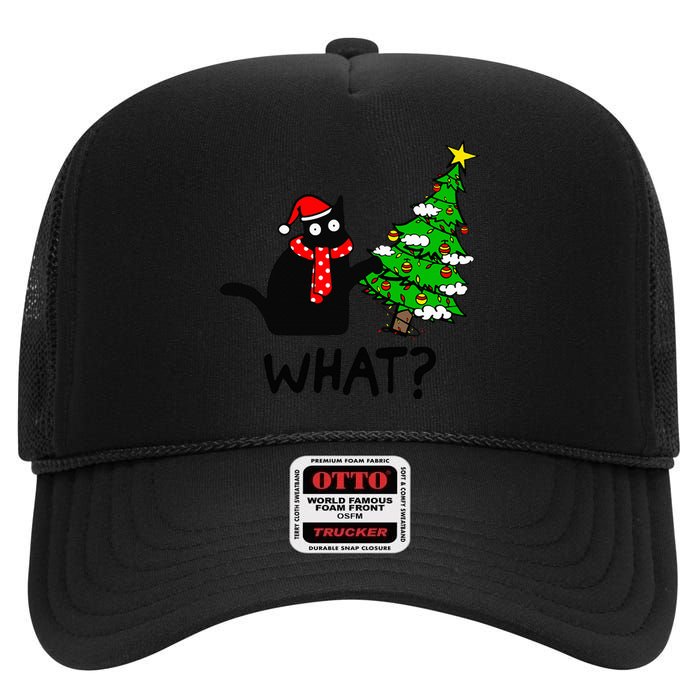 Cat What Christmas Tree Xmas Light Santa Hat Funny Black Cat High Crown Mesh Back Trucker Hat