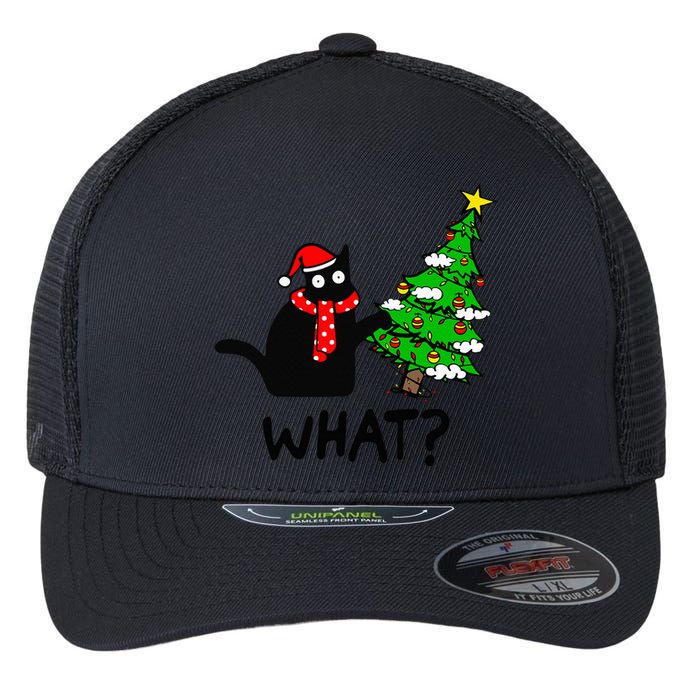 Cat What Christmas Tree Xmas Light Santa Hat Funny Black Cat Flexfit Unipanel Trucker Cap