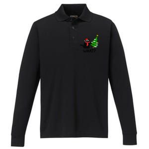 Cat What Christmas Tree Xmas Light Santa Hat Funny Black Cat Performance Long Sleeve Polo