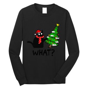 Cat What Christmas Tree Xmas Light Santa Hat Funny Black Cat Long Sleeve Shirt