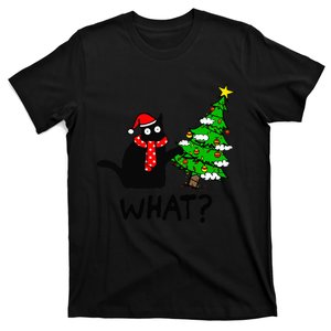 Cat What Christmas Tree Xmas Light Santa Hat Funny Black Cat T-Shirt