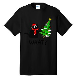 Cat What Christmas Tree Xmas Light Santa Hat Funny Black Cat Tall T-Shirt