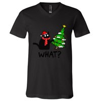 Cat What Christmas Tree Xmas Light Santa Hat Funny Black Cat V-Neck T-Shirt