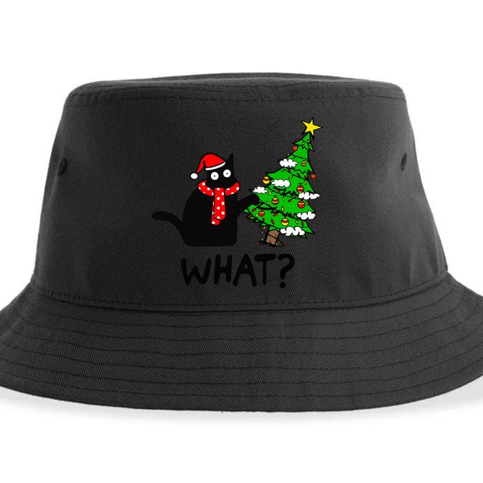 Cat What Christmas Tree Xmas Light Santa Hat Funny Black Cat Sustainable Bucket Hat