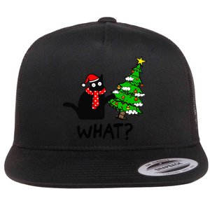 Cat What Christmas Tree Xmas Light Santa Hat Funny Black Cat Flat Bill Trucker Hat