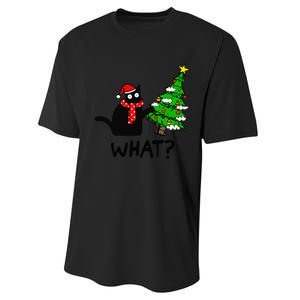 Cat What Christmas Tree Xmas Light Santa Hat Funny Black Cat Performance Sprint T-Shirt