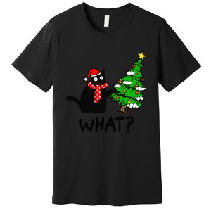 Cat What Christmas Tree Xmas Light Santa Hat Funny Black Cat Premium T-Shirt