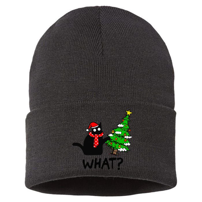 Cat What Christmas Tree Xmas Light Santa Hat Funny Black Cat Sustainable Knit Beanie