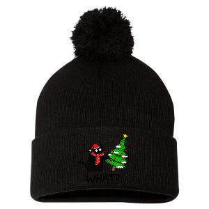 Cat What Christmas Tree Xmas Light Santa Hat Funny Black Cat Pom Pom 12in Knit Beanie