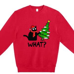 Cat What Christmas Tree Xmas Light Santa Hat Funny Black Cat Premium Crewneck Sweatshirt