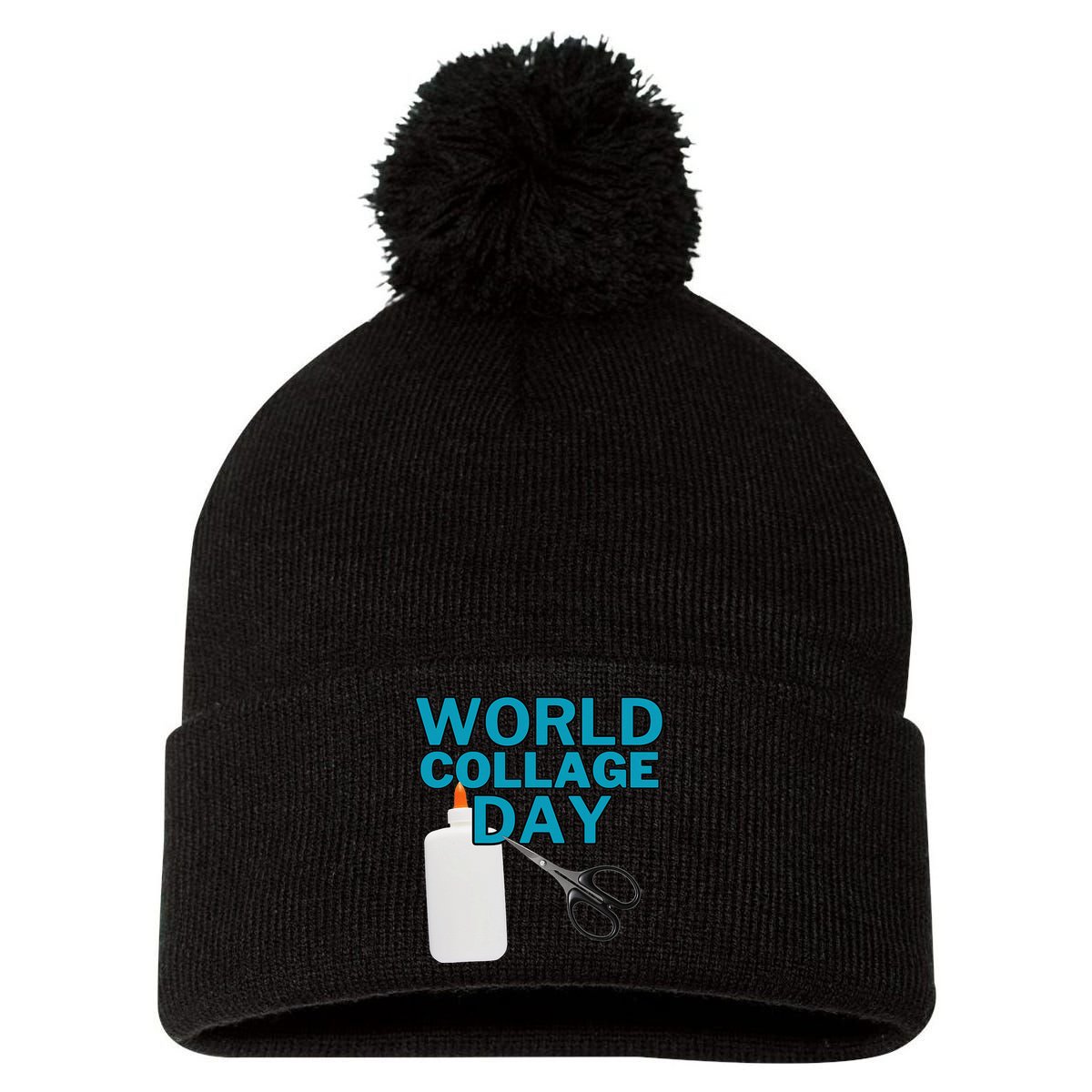 Celebrate World Collage Day Pom Pom 12in Knit Beanie