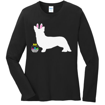 Cardigan Welsh Corgi Easter Bunny Dog Silhouette Ladies Long Sleeve Shirt