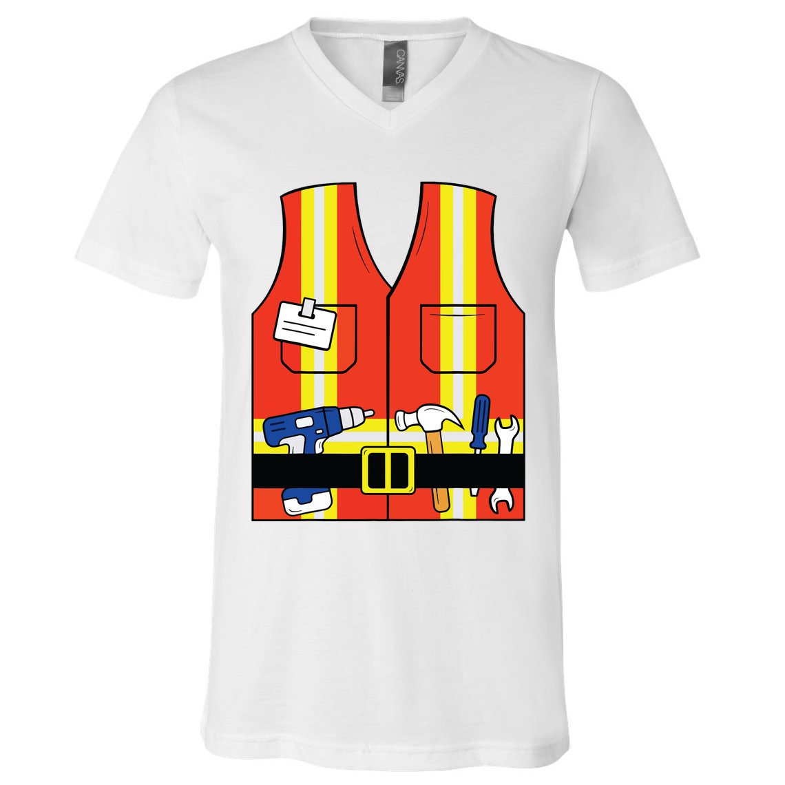 Construction Worker Costume Orange Safety Vest Tools V-Neck T-Shirt