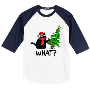 Cat What Christmas Tree Xmas Light Santa Hat Funny Black Cat Baseball Sleeve Shirt